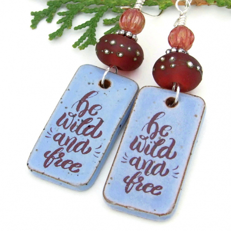 handmade be wild and free earrings boho ceramic lampwork blue purple jewelry