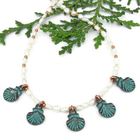 handmade beach necklace Mykonos seashells vintage pearls copper