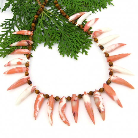 handmade beach tribal jewelry coral spikes golden tigers eye