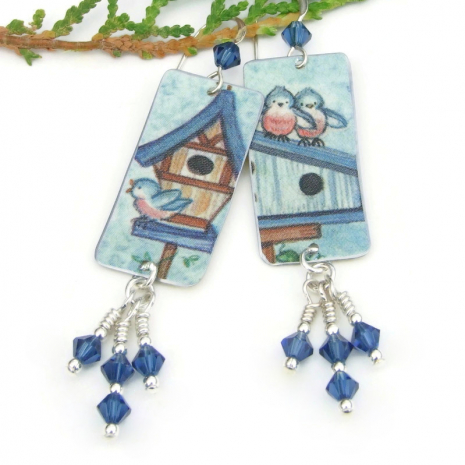 handmade bird lover bluebirds earrings vintage tin swarovski crystals jewelry