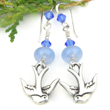 handmade bird lover earrings silver flying swallows