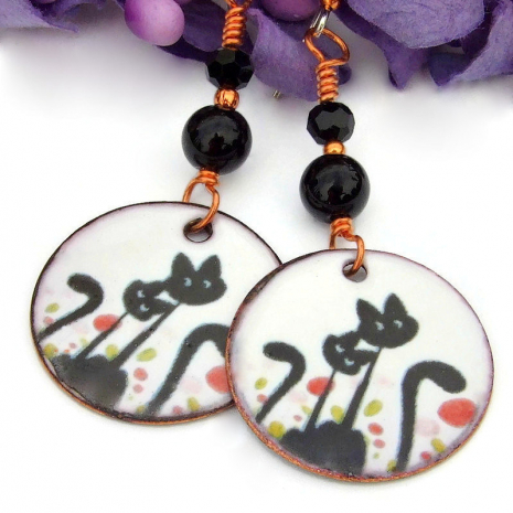 handmade black cats earrings black onyx copper