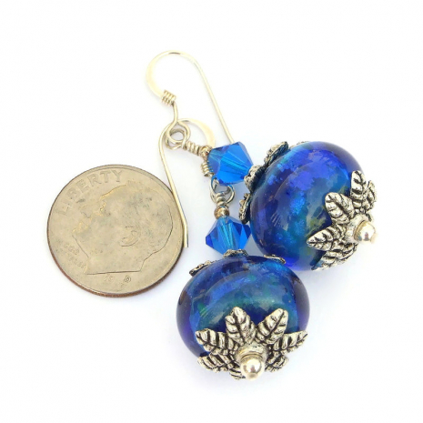 handmade blue borosilicate lampwork earrings swarovski crystals