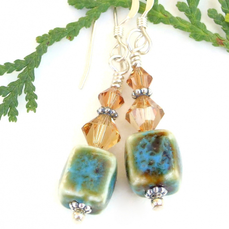 handmade blue brown cream ceramic jewelry cubes swarovski crystals rustic