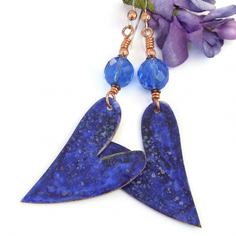 handmade blue hearts enamel earrings valentines jewelry gift faceted czech glass
