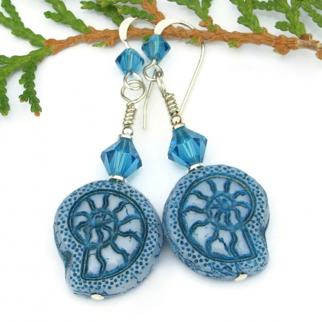 handmade blue nautilus ammonite spiral shell earrings Czech glass