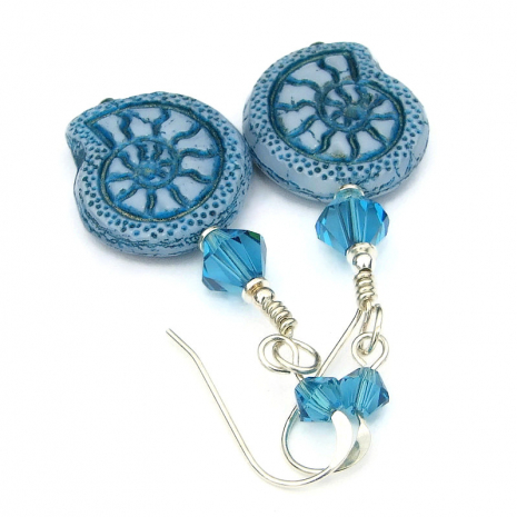 handmade blue nautilus ammonite spiral shell jewelry Czech glass