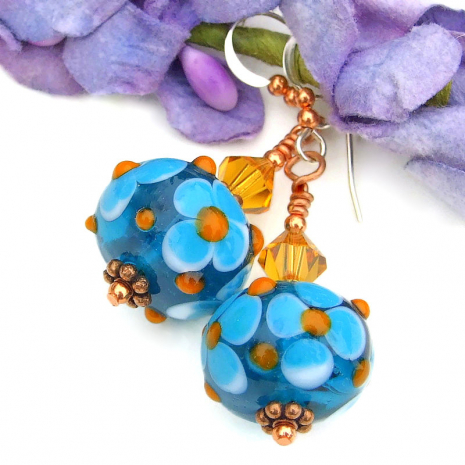 handmade blue orange lampwork flower earrings Swarovski crystals