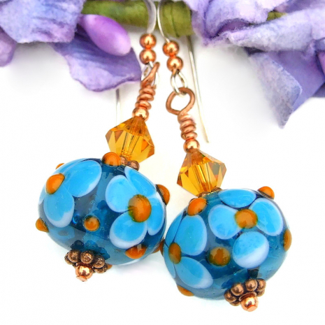 handmade blue orange lampwork flower jewelry Swarovski crystals