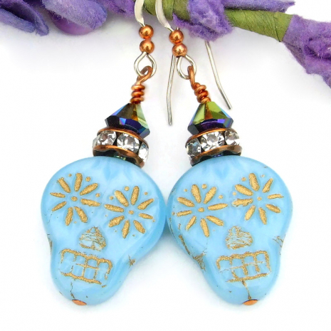 handmade blue sugar skull earrings halloween day of the dead swarovski crystals