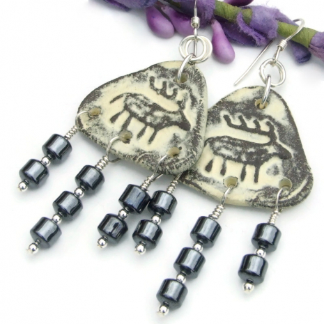 handmade boho ceramic deer elk petroglyph earrings hematite dangles