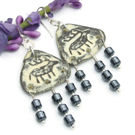 handmade boho ceramic deer elk petroglyph jewelry hematite dangles