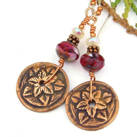 handmade boho flower leaf earrings copper raspberry red white