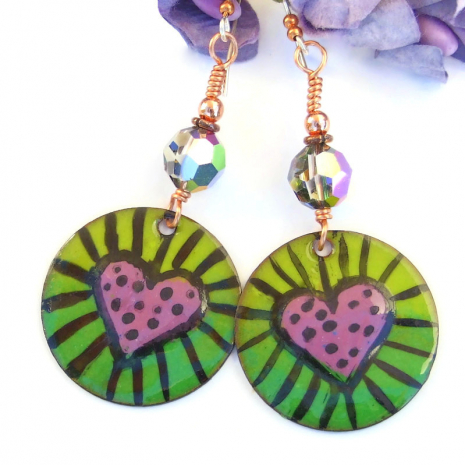 handmade boho heart valentines earrings enamel pink green swarovski crystals