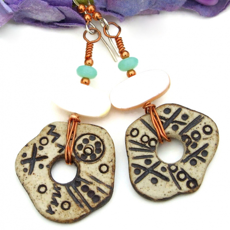 handmade boho petroglyph earrings rustic disc ceramic mother of pearl jewelry