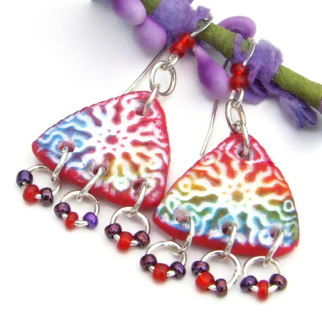 handmade boho sun burst earrings lightweight colorful red purple white blue