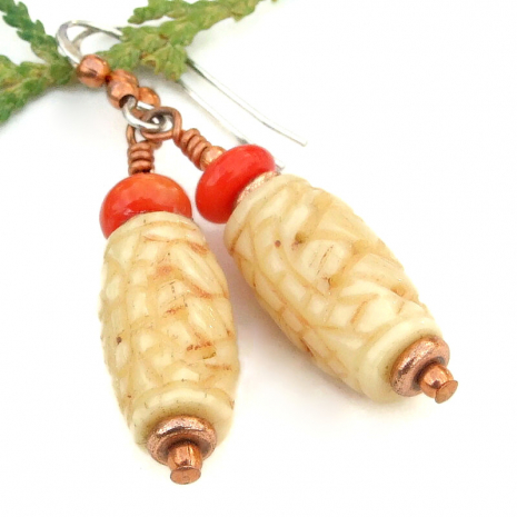 handmade bone earrings hand carved basket weave red coral jewelry