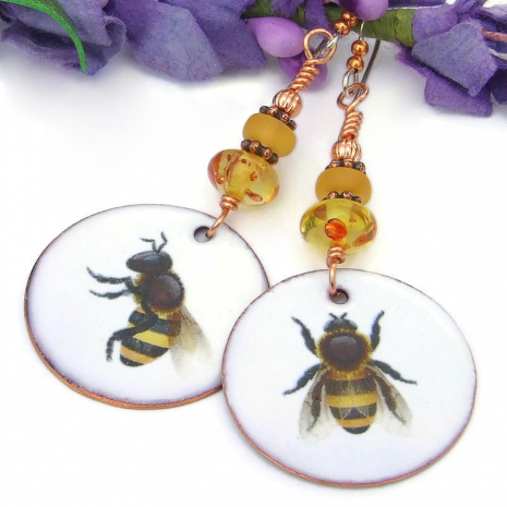 handmade bumble bee earrings enamel amber