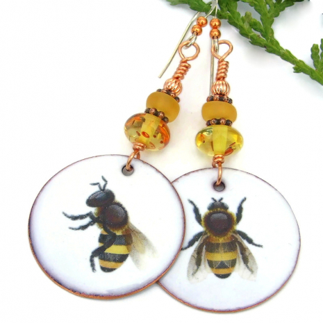 handmade bumble bee earrings unique amber enamel jewelry gift