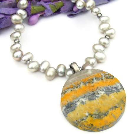 handmade bumblebee jasper pendant jewelry gray pearls orange yellow
