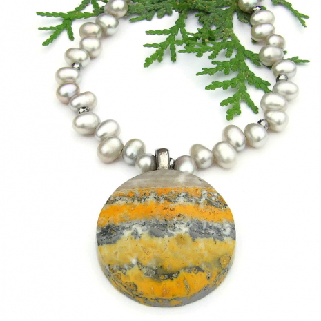 handmade bumblebee jasper pendant  necklace gray pearls orange yellow