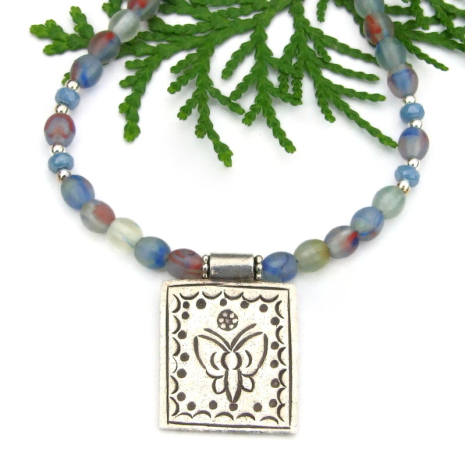 handmade butterfly fine silver pendant necklace hurricane glass beads
