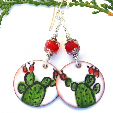 handmade cactus earrings enamel green red white Czech glass