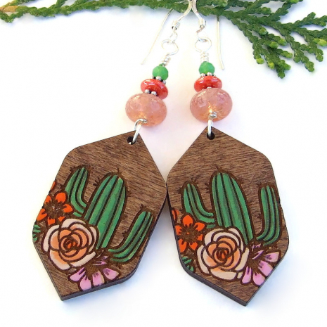 handmade cactus flowers desert earrings laser etched wood lampwork beads