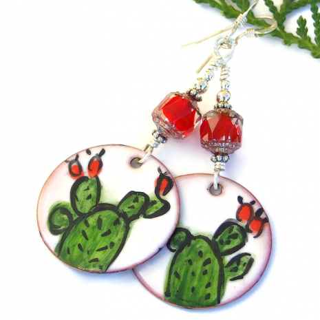 handmade cactus jewelry enamel green red white Czech glass