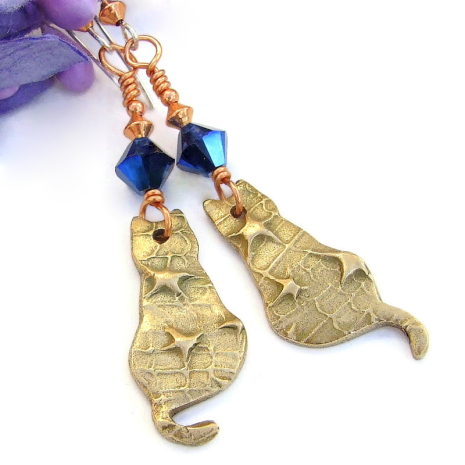 handmade cats stars jewelry bronze swarovski crystals kitty cat lover
