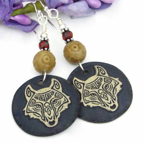 handmade celtic knot wolf head jewelry ceramic dark brown