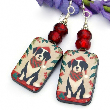 handmade ceramic christmas holiday dog earrings red green black white