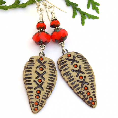 handmade ceramic shield earrings tribal style jewelry orange brown