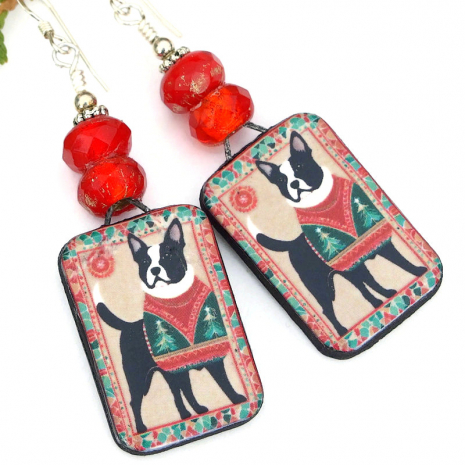 handmade christmas boston terrier dog earrings ceramic red glass holiday jewelry