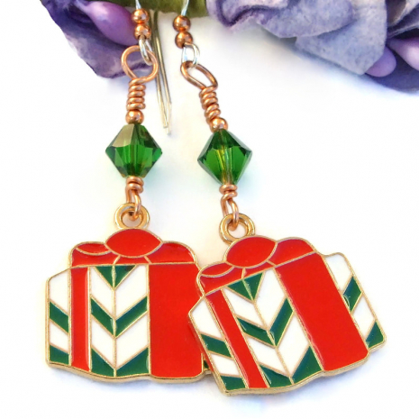 The fun CHRISTMAS GIFTS handmade earrings feature red, green and white enamel gold alloy gift charms, fern green Swarovski crystals, copper and sterling silver - holiday jewelry gift for women handmade Christmas gifts presents dangle jewelry red green white enamel crystals