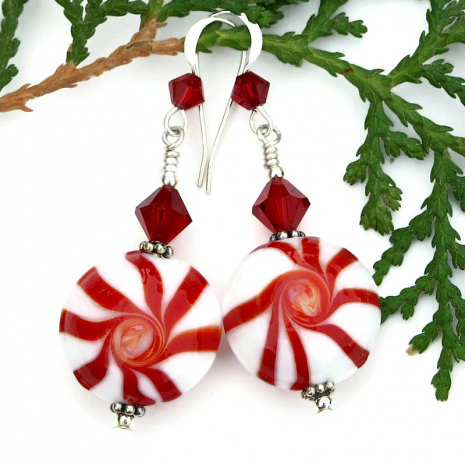 handmade christmas holiday peppermint lampwork earrings gift for her