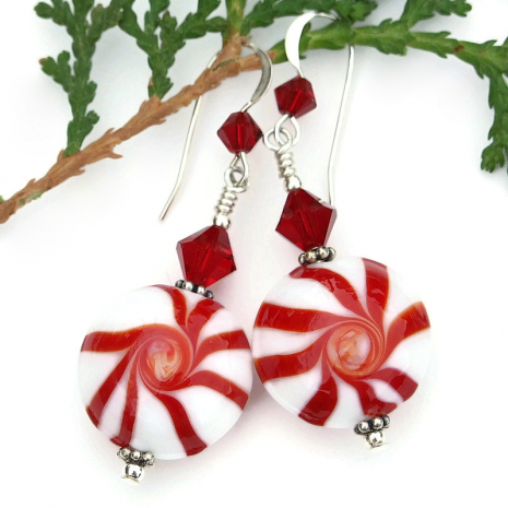 handmade christmas peppermint candy and crystal earrings gift for women