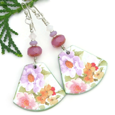 handmade colorful flower earrings floral polymer clay czech glass lightweight