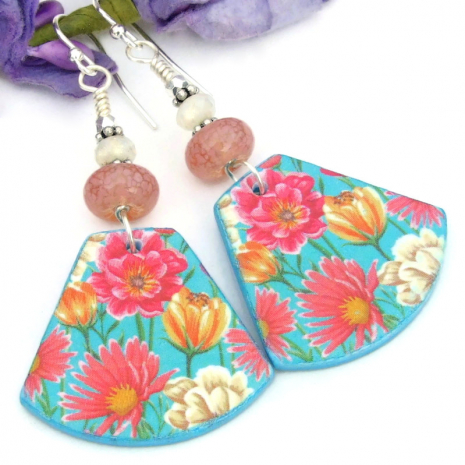 handmade colorful flower floral earrings lampwork spring summer jewelry