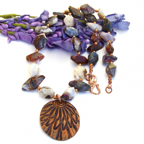 handmade copper feather pendant jewelry with mixed agate nugget gemstones