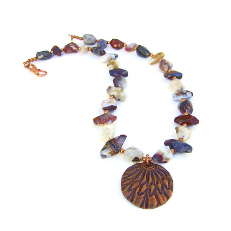handmade copper feather pendant necklace mixed agate gemstones