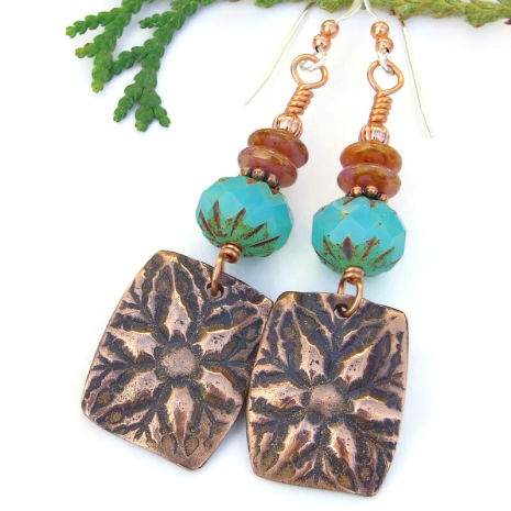 handmade copper star flowers earrings aqua opal pink czech glass