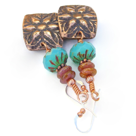 handmade copper star flowers jewelry aqua opal pink czech glass