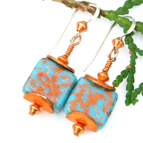 handmade copper turquoise glass jewelry earrings gift