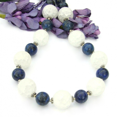 handmade crackle quartz lapis lazuli necklace white blue