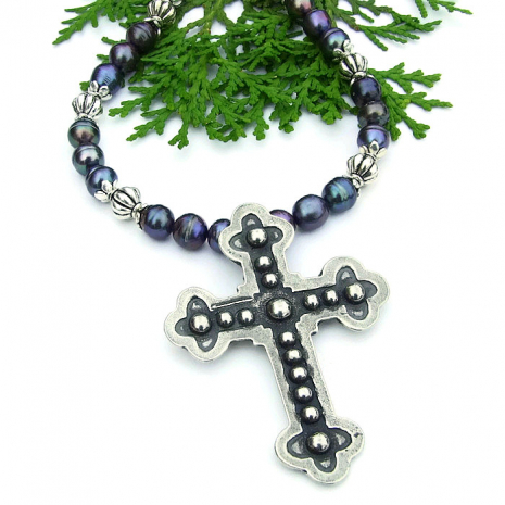 handmade cross jewelry with peacock pearls gift for women