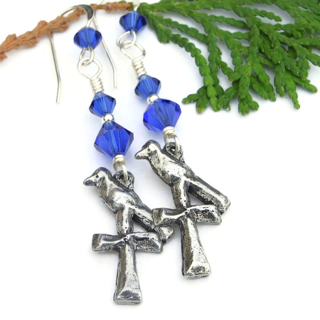 handmade crosses birds pewter jewelry blue swarovski crystals