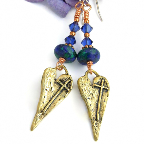 handmade crosses hearts Christian jewelry gemstones crystals religious earrings
