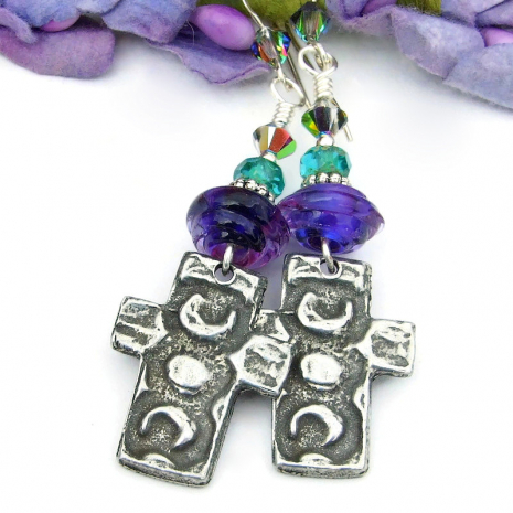 handmade crosses moons earrings pewter purple teal symbolic Virgin Mary