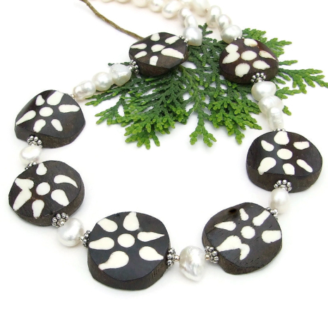 handmade dark brown batik bone flower tribal jewelry white pearls sterling